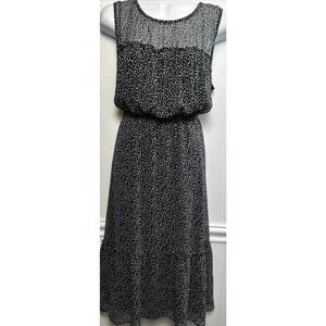 Nicole Miller Dress 8 Chiffon Black Print Sleeveless Layered Midi Elastic Waist